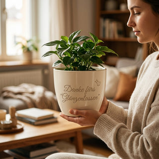 Personalisierter Blumentopf mit Gravur — Danke-Geschenk Reinigungskraft — im Wohnambiente