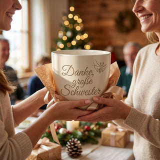 Personalisierter Blumentopf mit Gravur — Geschenk große Schwester zum Danken — als persoenliche Geschenk-Uebergabe