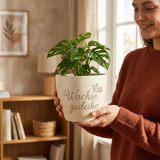 Personalisierter Blumentopf mit Gravur — Geschenk Forstwirt Abschied — im Wohnambiente