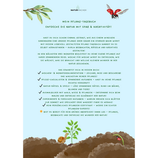 Naturmacher "Mein erstes Pflanztagebuch" Poster: Abbildung einer jungen Pflanze, Schnecke & Marienkäfer auf Erde. Interakt...