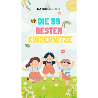 Die 99 besten Kinderwitze" Poster von Naturmacher. Drei lachende Kinder auf einer Wiese. PDF Download für Kinder von 4-8 J...
