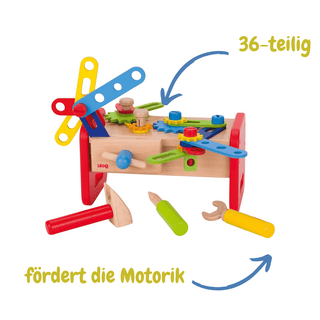 Goki 36-teilige robuste Werkbank aus Holz mit bunten Schrauben, Zahnrädern, Hammer, Schraubendreher und Schraubenschlüssel...