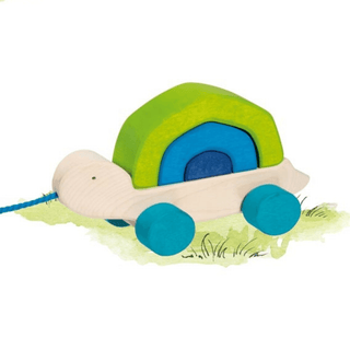 Goki Ziehtier Schildkröte Tortuga aus Holz mit blau-grünem Panzer und blauer Schnur. Ideal für Kleinkinder.
