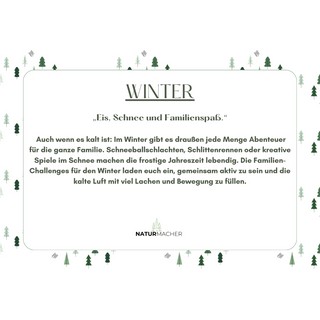 Winter-Familien-Natur-Challenges PDF von Naturmacher, Text: "Eis, Schnee und Familienspaß", umrahmt von Tannenbäumen.