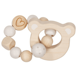 Goki Holzgreifling in Bärenkopfform mit Perlenkette, ideal für Babys.