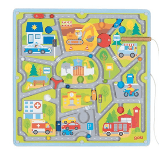 Goki Magnetlabyrinth "Kleine Stadt": Bunte Stadtlandschaft mit Straßen, Gebäuden (Polizei, Zoo, Schule, Krankenhaus, Feuer...