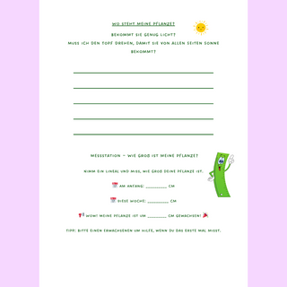 Tagebuchseite "Mein erstes Pflanz-Set" von Naturmacher: Fragen zum Pflanzenwachstum & Messanleitung mit Lineal-Illustratio...