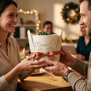 Personalisierter Blumentopf mit Gravur — Geschenk Ruheständler Abschied Kollege — als persoenliche Geschenk-Uebergabe