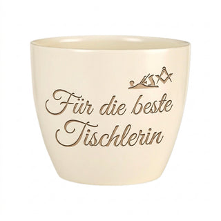 Personalisierter Blumentopf »Für die beste Tischlerin« — Geschenk Tischlerin — Detailansicht der Lasergravur