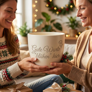 Personalisierter Blumentopf mit Gravur — Geschenk Logopädin Abschied — als persoenliche Geschenk-Uebergabe