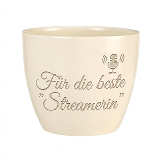 Personalisierter Blumentopf — Geschenk Streamerin »Für die beste Streamerin« — Detailansicht der Lasergravur