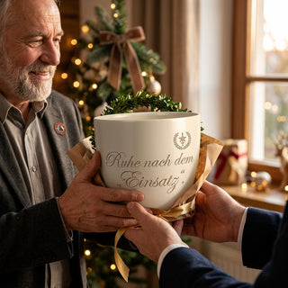 Personalisierter Blumentopf mit Gravur — Geschenk Notfallsanitäter — als persoenliche Geschenk-Uebergabe