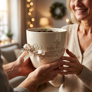 Einzigartiger Blumentopf mit Gravur – Geschenk für Pfarrer — als persoenliche Geschenk-Uebergabe