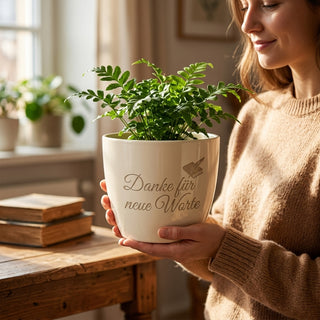 Blumentopf mit Gravur "Danke" — Persönliches Geschenk für Logopäde — im Wohnambiente