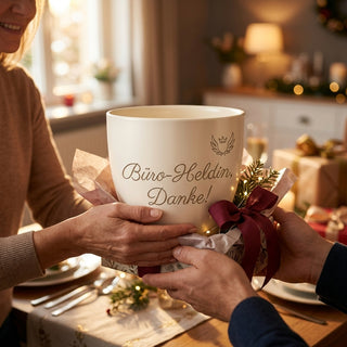 Personalisierter Blumentopf mit Gravur — Geschenk Bürokauffrau Danke — als persoenliche Geschenk-Uebergabe