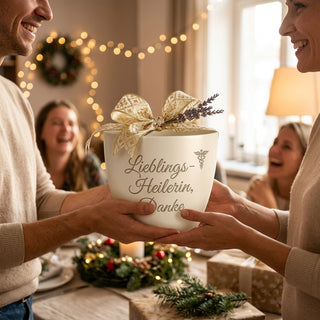 Personalisierter Blumentopf mit Gravur — Geschenk Heilpraktikerin Dankeschön — als persoenliche Geschenk-Uebergabe