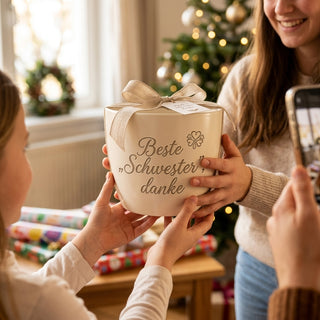 Personalisierter Blumentopf mit Gravur — Geschenk für die Schwester — als persoenliche Geschenk-Uebergabe