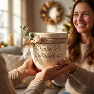 Personalisierter Blumentopf mit Gravur — Danke Geschenk für Stillberaterin — als persoenliche Geschenk-Uebergabe