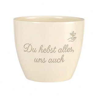 Personalisierter Blumentopf mit Gravur — Geschenk Staplerfahrer Abschied — Detailansicht der Lasergravur