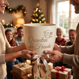 Personalisierter Blumentopf mit Gravur 'Quanten der Freude' — Geschenk Physikerin — als persoenliche Geschenk-Uebergabe