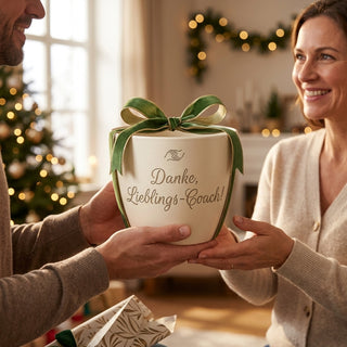 Personalisierter Blumentopf mit Gravur — Geschenk Personal Trainerin — als persoenliche Geschenk-Uebergabe
