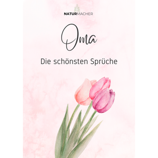 Poster "Die schönsten Sprüche für Oma" mit Aquarell-Tulpen auf rosa Hintergrund. Zum Ausdrucken von Naturmacher.
