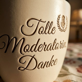Personalisierter Blumentopf — Danke Geschenk für Moderatorin mit Gravur — Detailaufnahme
