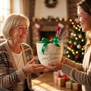 Personalisierter Blumentopf mit Gravur — Geschenk Fischwirt zur Pensionierung — als persoenliche Geschenk-Uebergabe
