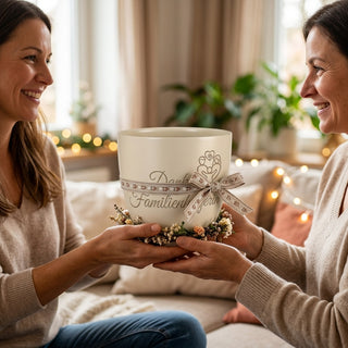 Personalisierter Blumentopf mit Gravur — Danke Geschenk Familienhelferin — als persoenliche Geschenk-Uebergabe