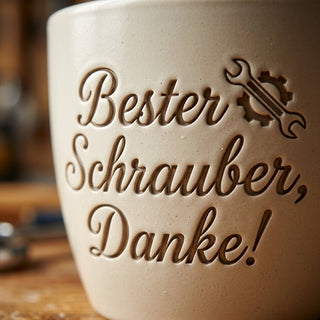 Personalisierter Blumentopf — Geschenk Kfz Mechatroniker Abschied — Detailaufnahme