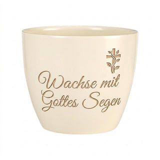 Personalisierter Keramik-Blumentopf mit Gravur — Geschenk Kaplan Primiz — Detailansicht der Lasergravur