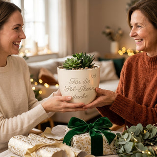 Personalisierter Blumentopf mit Gravur — Geschenk für Interior Designerin — als persoenliche Geschenk-Uebergabe