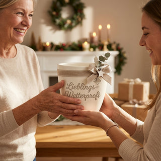 Personalisierter Blumentopf mit Gravur — Geschenk Meteorologe Wetterfrosch — als persoenliche Geschenk-Uebergabe