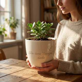 Personalisierter Blumentopf mit Gravur — Geschenk Energetikerin — im Wohnambiente