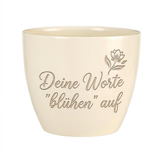 Blumentopf mit Lasergravur »Deine Worte blühen auf« — Geschenk für Texterinnen — Detailansicht der Lasergravur