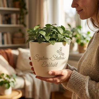 Personalisierter Blumentopf mit Gravur — Geschenk IT-Berater System-Status Erblüht — im Wohnambiente