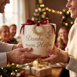 Personalisierter Blumentopf mit Gravur — Danke Geschenk Bewährungshelfer Abschied — als persoenliche Geschenk-Uebergabe