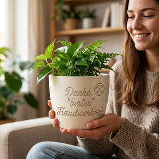 Personalisierter Blumentopf mit Gravur — Geschenk Haustechniker Dankeschön — im Wohnambiente