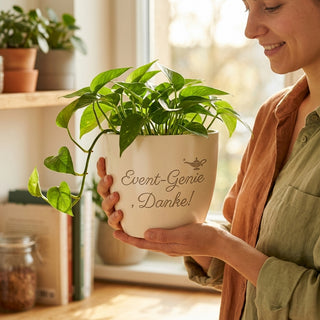 Personalisierter Blumentopf mit Gravur — Danke Geschenk Event Manager — im Wohnambiente