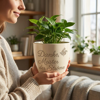 Personalisierter Blumentopf mit Gravur — Geschenk Elektroingenieur Abschied — im Wohnambiente