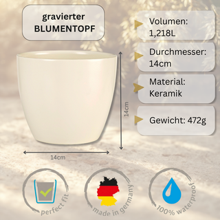 Cremefarbener Keramik-Blumentopf, 14cm Durchmesser, für Sternzeichen Krebs, made in Germany.