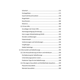 Inhaltsverzeichnis "Baby Ratgeber - Kleine Wunder" mit Kapiteln zu Kinderkrankheiten, Erster Hilfe und Elternschaft.