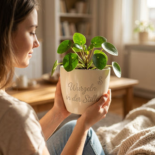Personalisierter Blumentopf mit Gravur — Geschenk Meditationslehrerin — im Wohnambiente