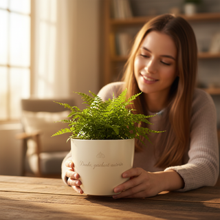 Personalisierter Blumentopf mit Gravur — Geschenk für Autorinnen — im Wohnambiente