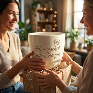 Geschenk für Heilpraktikerin – Blumentopf mit persönlicher Gravur — als persoenliche Geschenk-Uebergabe