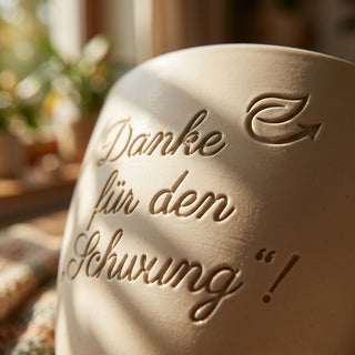 Personalisierter Blumentopf mit Gravur — Geschenk Golflehrer Abschied — Detailaufnahme