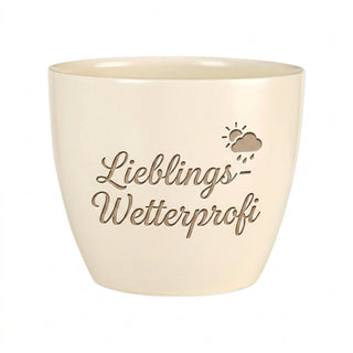 Personalisierter Blumentopf mit Gravur — Geschenk Meteorologe Wetterfrosch — Detailansicht der Lasergravur