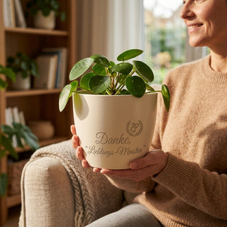 Personalisierter Blumentopf mit Gravur — Danke-Geschenk für SHK-Meister — im Wohnambiente