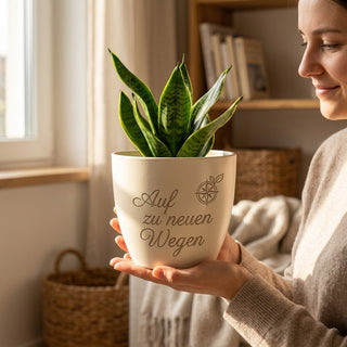 Personalisierter Blumentopf mit Gravur — Geschenk Berufsanfänger Karrierestart — im Wohnambiente