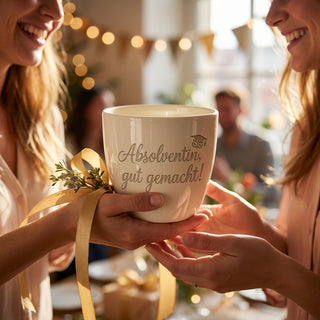 Personalisierter Blumentopf mit Gravur — Geschenk Absolventin Studium — geschenk_uebergabe